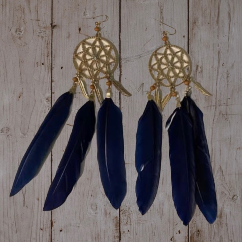 Blue Feather Dream Catcher Earrings